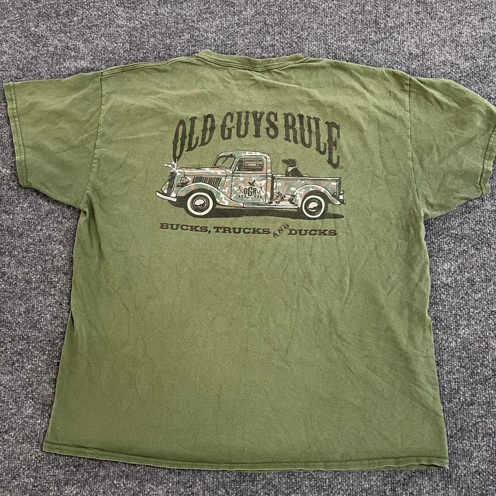 Old Guys Rule T-Shirt Mens XL Green Bucks Trucks Ducks Cotton Short Sleeve